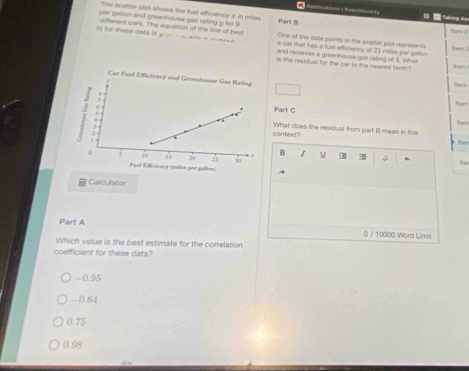Appric ationo| Rapithbindity T Taking đa
The scatter plot shows the fuel efficiency z in miles Part B am ?
per gallon and greenhouse gas rating y for ! One of the data points is the scatter plot representa itern 3
difterent cars. The equation of the line of best a car that has a fuel efficiency of 21 milas per gadon
f for these data is y - _-s - van_s and receires a greenhouse gas rating of $. What o 
is the residual for the car to the nearest tenth?
tem
hom
Part C
Hor
context? What does the residual from part B mean in this h
B u * Ie
4
Calculator
Part A
0 / 10000 Word Limit
Which vaiue is the best estimate for the correlation
coefficient for these data?
-0.95
-0.64
0.75
0.98