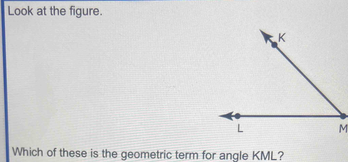 Look at the figure. 
Which of these is the geometric term for angle KML?