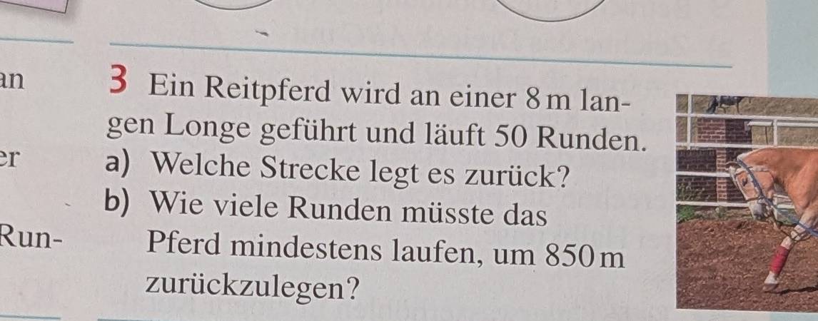 an 3 Ein Reitpferd wird an einer 8m lan- 
gen Longe geführt und läuft 50 Runden. 
er a) Welche Strecke legt es zurück? 
b) Wie viele Runden müsste das 
Run- Pferd mindestens laufen, um 850m
zurückzulegen?