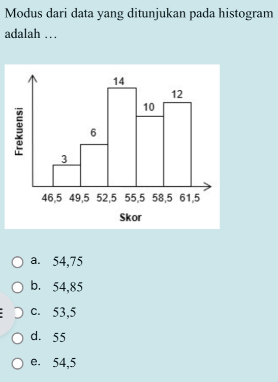 Modus dari data yang ditunjukan pada histogram
adalah …
a. 54,75
b. 54,85
c. 53,5
d. 55
e. 54,5