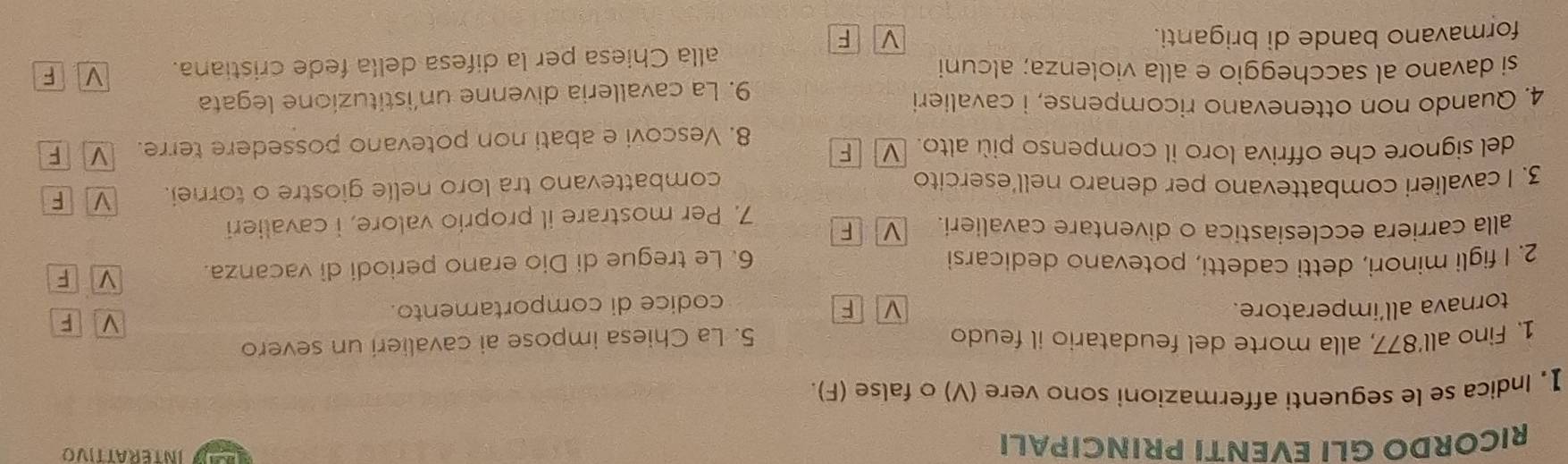 RICORDO GLI EVENTI PRINCIPALI 
INTERATTIVO 
】. Indica se le seguenti affermazioni sono vere (V) o false (F). 
1. Fino all’ 877, alla morte del feudatario il feudo 5. La Chiesa impose ai cavalieri un severo 
tornava all’imperatore. V F F 
codice di comportamento. 
V 
2. I figli minori, detti cadetti, potevano dedicarsi 6. Le tregue di Dio erano periodi di vacanza. V F 
alla carriera ecclesiastica o diventare cavalieri. V F 
7. Per mostrare il proprio valore, i cavalieri 
3. I cavalieri combattevano per denaro nell’esercito combattevano tra loro nelle giostre o tornei. V F 
del signore che offriva loro il compenso più alto. V F 
8. Vescovi e abati non potevano possedere terre. V F 
4. Quando non ottenevano ricompense, i cavalieri 
si davano al saccheggio e alla violenza; alcuni 9. La cavalleria divenne un’istituzione legata 
formavano bande di briganti. V F alla Chiesa per la difesa della fede cristiana. V F