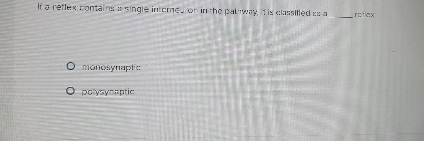 If a reflex contains a single interneuron in the pathway, it is classified as a _reflex.
monosynaptic
polysynaptic