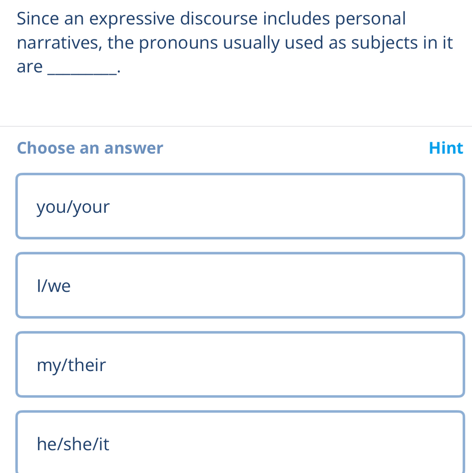 Since an expressive discourse includes personal
narratives, the pronouns usually used as subjects in it
are
_.
Choose an answer Hint
you/your
I/we
my/their
he/she/it