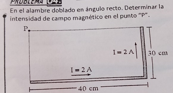 Prublema (Ues
En el alambre doblado en ángulo recto. Determinar la
intensidad de campo magnético en el punto “P”.