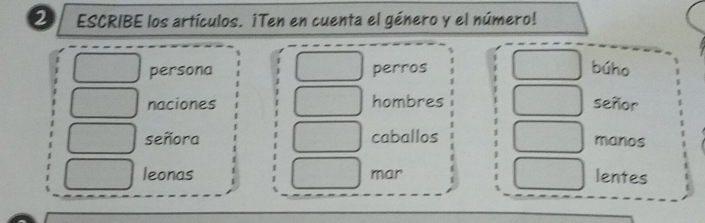 ESCRIBE los artículos. ¡Ten en cuenta el género y el número! 
persona perros búho 
naciones hombres señor 
señora caballos manos 
leonas mar lentes