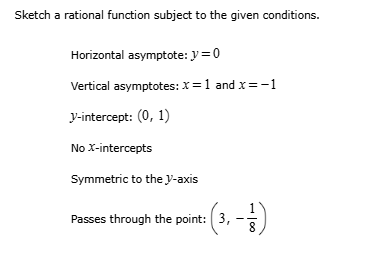 Sketch a rational function subject to the given conditions. 
Horizontal asymptote: y=0
Vertical asymptotes: x=1 and x=-1
V -intercept: (0,1)
No X-intercepts 
Symmetric to the V -axis 
Passes through the point: (3,- 1/8 )