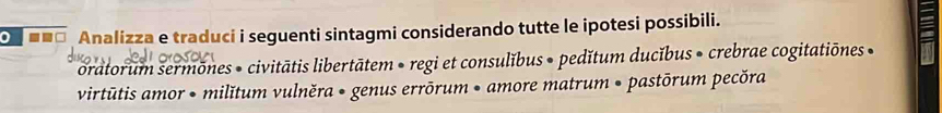 ■□ Analizza e traduci i seguenti sintagmi considerando tutte le ipotesi possibili. 
oratorum sermõnes • civitātis libertātem • regi et consulĭbus • pedĭtum ducĭbus • crebrae cogitationes » 
virtūtis amor • milĭtum vulněra • genus errōrum • amore matrum • pastōrum pecõra