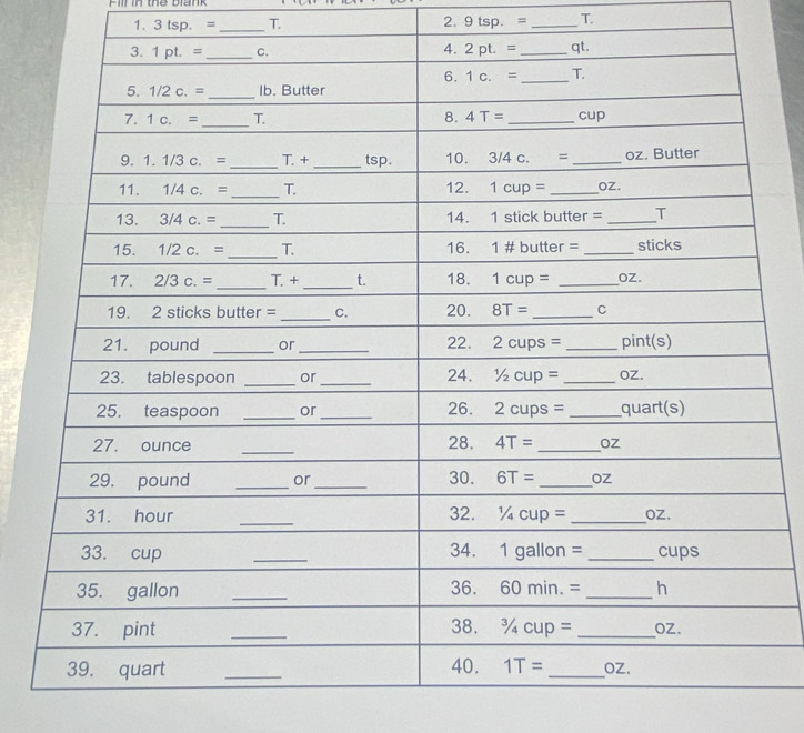 Fill in the blank
1. 3tsp.= _T. 2. 9tsp.= _T.