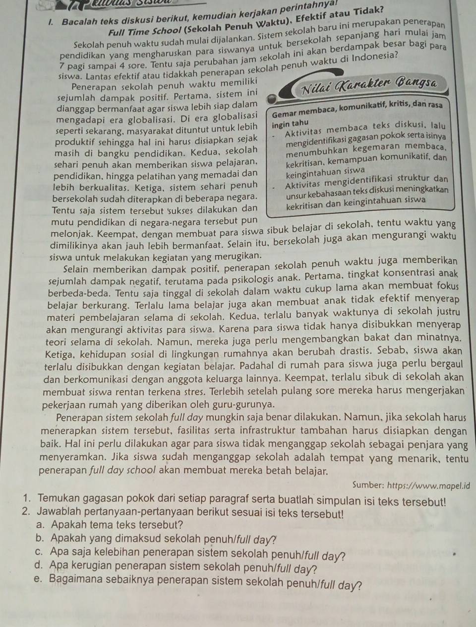 Bacalah teks diskusi berikut, kemudian kerjakan perintahnyal
Full Time School (Sekolah Penuh Waktu)、 Efektif atau Tidak?
Sekolah penuh waktu sudah mulai dijalankan. Sistem sekolah baru ini merupakan penerapan
pendidikan yang mengharuskan para siswanya untuk bersekolah sepanjang hari mulai jam
7 pagi sampai 4 sore. Tentu saja perubahan jam sekolah ini akan berdampak besar bagi para
siswa. Lantas efektif atau tidakkah penerapan sekolah penuh waktu di Indonesia?
Penerapan sekolah penuh waktu memiliki
sejumlah dampak positif. Pertama, sistem ini Nilai Karakter Bangsa
dianggap bermanfaat agar siswa lebih siap dalam
mengadapi era globalisasi. Di era globalisasi Gemar membaca, komunikatif, kritis, dan rasa
seperti sekarang, masyarakat dituntut untuk lebih ingin tahu
produktif sehingga hal ini harus disiapkan sejak Aktivitas membaca teks diskusi, lalu
masih di bangku pendidikan. Kedua, sekolah mengidentifikasi gagasan pokok serta isinya
sehari penuh akan memberikan siswa pelajaran. menumbuhkan kegemaran membaca.
kekritisan, kemampuan komunikatif, dan
pendidikan, hingga pelatihan yang memadai dan keingintahuan siswa
lebih berkualitas. Ketiga, sistem sehari penuh Aktivitas mengidentifikasi struktur dan
bersekolah sudah diterapkan di beberapa negara. unsur kebahasaan teks diskusi meningkatkan
Tentu saja sistem tersebut 'sukses dilakukan dan kekritisan dan keingintahuan siswa
mutu pendidikan di negara-negara tersebut pun
melonjak. Keempat, dengan membuat para siswa sibuk belajar di sekolah, tentu waktu yang
dimilikinya akan jauh lebih bermanfaat. Selain itu, bersekolah juga akan mengurangi waktu
siswa untuk melakukan kegiatan yang merugikan.
Selain memberikan dampak positif, penerapan sekolah penuh waktu juga memberikan
sejumlah dampak negatif, terutama pada psikologis anak. Pertama, tingkat konsentrasi anak
berbeda-beda. Tentu saja tinggal di sekolah dalam waktu cukup lama akan membuat fokus
belajar berkurang. Terlalu lama belajar juga akan membuat anak tidak efektif menyerap
materi pembelajaran selama di sekolah. Kedua, terlalu banyak waktunya di sekolah justru
akan mengurangi aktivitas para siswa. Karena para siswa tidak hanya disibukkan menyerap
teori selama di sekolah. Namun, mereka juga perlu mengembangkan bakat dan minatnya.
Ketiga, kehidupan sosial di lingkungan rumahnya akan berubah drastis. Sebab, siswa akan
terlalu disibukkan dengan kegiatan belajar. Padahal di rumah para siswa juga perlu bergaul
dan berkomunikasi dengan anggota keluarga lainnya. Keempat, terlalu sibuk di sekolah akan
membuat siswa rentan terkena stres. Terlebih setelah pulang sore mereka harus mengerjakan
pekerjaan rumah yang diberikan oleh guru-gurunya.
Penerapan sistem sekolah full day mungkin saja benar dilakukan. Namun, jika sekolah harus
menerapkan sistem tersebut, fasilitas serta infrastruktur tambahan harus disiapkan dengan
baik. Hal ini perlu dilakukan agar para siswa tidak menganggap sekolah sebagai penjara yang
menyeramkan. Jika siswa sudah menganggap sekolah adalah tempat yang menarik, tentu
penerapan full day school akan membuat mereka betah belajar.
Sumber: https://www.mapel.id
1. Temukan gagasan pokok dari setiap paragraf serta buatlah simpulan isi teks tersebut!
2. Jawablah pertanyaan-pertanyaan berikut sesuai isi teks tersebut!
a. Apakah tema teks tersebut?
b. Apakah yang dimaksud sekolah penuh/full day?
c. Apa saja kelebihan penerapan sistem sekolah penuh/full day?
d. Apa kerugian penerapan sistem sekolah penuh/full day?
e. Bagaimana sebaiknya penerapan sistem sekolah penuh/full day?