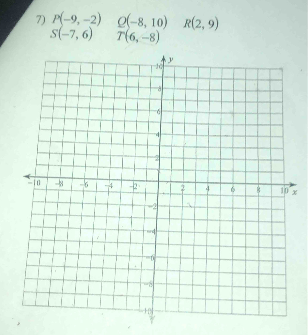 P(-9,-2) Q(-8,10) R(2,9)
S(-7,6) T(6,-8)
x