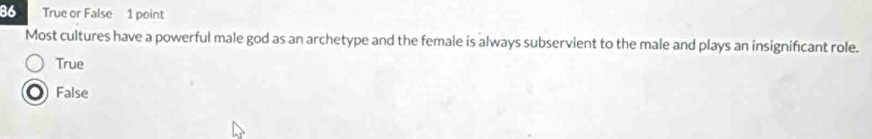 True or False 1 point
Most cultures have a powerful male god as an archetype and the female is always subservient to the male and plays an insignificant role.
True
False