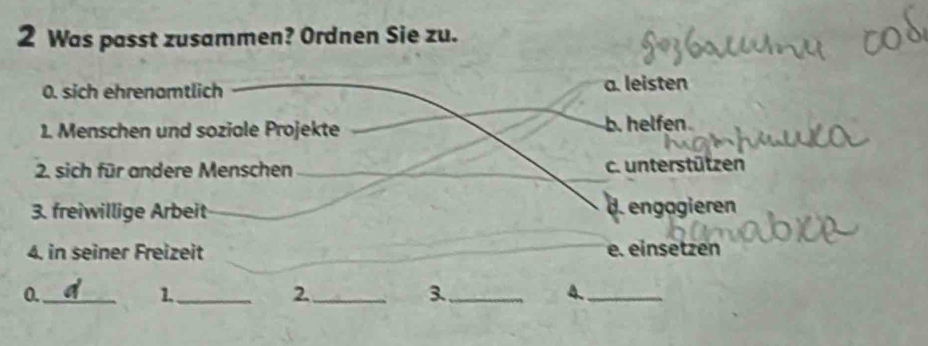 Was passt zusammen? Ordnen Sie zu.
0. sich ehrenamtlich a. leisten
1. Menschen und soziale Projekte b. helfen
2. sich für andere Menschen c. unterstützen
3. freiwillige Arbeit d.engagieren
4. in seiner Freizeit e. einsetzen
0._
1,_
2._
3._
4._