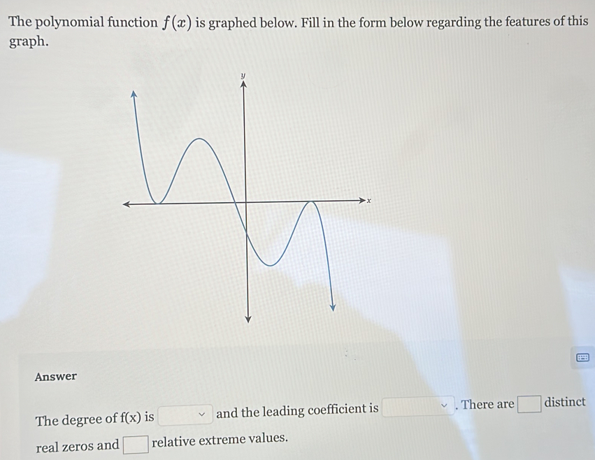 The polynomial function f(x) is graphed below. Fill in the form below regarding the features of this 
graph. 
Answer 
The degree of f(x) is □ and the leading coefficient is □. There are □ distinct 
real zeros and □ relative extreme values.