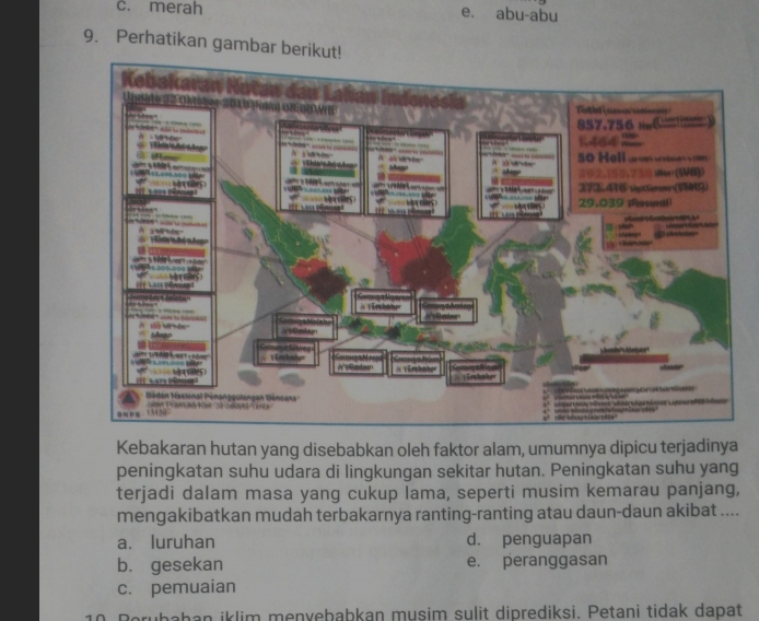 c. merah e. abu-abu
9. Perhatikan gambar berikut!
Kebakaran hutan yang disebabkan oleh faktor alam, umumnya dipicu terjadinya
peningkatan suhu udara di lingkungan sekitar hutan. Peningkatan suhu yang
terjadi dalam masa yang cukup lama, seperti musim kemarau panjang,
mengakibatkan mudah terbakarnya ranting-ranting atau daun-daun akibat ....
a. luruhan d. penguapan
b. gesekan e. peranggasan
c. pemuaian
ibahan iklim menvebabkan musim sulit diprediksi. Petani tidak dapat