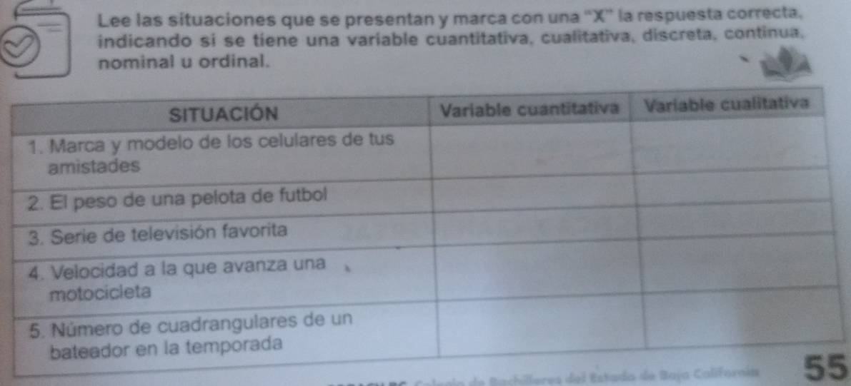 Lee las situaciones que se presentan y marca con una “ X ” la respuesta correcta. 
indicando si se tíene una variable cuantitativa, cualitativa, discreta, continua, 
nominal u ordinal. 
e a ch lleres del Estada de Baja Californi 5