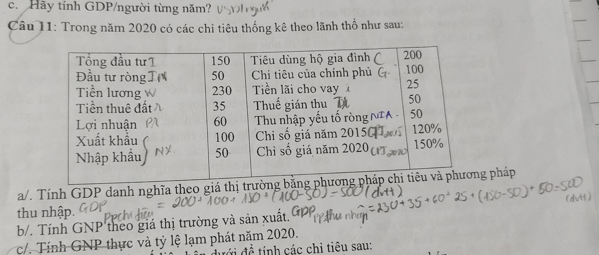 Hãy tính GDP/người từng năm? 
Câu 11: Trong năm 2020 có các chỉ tiêu thống kê theo lãnh thổ như sau: 
a/. Tính GDP danh nghĩa theo giá g pháp 
thu nhập. 
b/. Tính GNP theo giá thị trường và sản xuất. 
c/. Tính GNP thực và tỷ lệ lạm phát năm 2020. 
i để tính các chỉ tiêu sau: