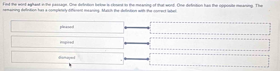 Find the word aghast in the passage. One definition below is closest to the meaning of that word. One definition has the opposite meaning. The
remaining definition has a completely different meaning. Match the definition with the correct label.
pleased
inspired
dismayed