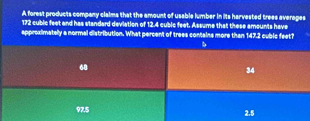 A forest products company claims that the amount of usable lumber in its harvested trees averages
172 cubic feet and has standard deviation of 12.4 cubic feet. Assume that these amounts have
approximately a normal distribution. What percent of trees contains more than 147.2 cubic feet?
68
34
975
2.5