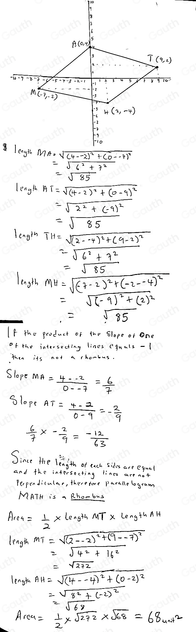Solved: Parallelogram MATH has vertices M(-7,-2), A(0,4), T(9,2) , and ...