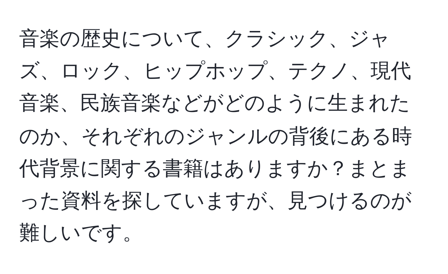 音楽の歴史について、クラシック、ジャズ、ロック、ヒップホップ、テクノ、現代音楽、民族音楽などがどのように生まれたのか、それぞれのジャンルの背後にある時代背景に関する書籍はありますか？まとまった資料を探していますが、見つけるのが難しいです。