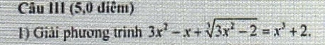 Câu III (5,0 điệm) 
1) Giải phương trình 3x^2-x+sqrt[3](3x^2-2)=x^3+2.