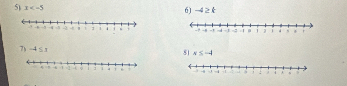 x
6) -4≥ k

7) -4≤ x
8) n≤ -4