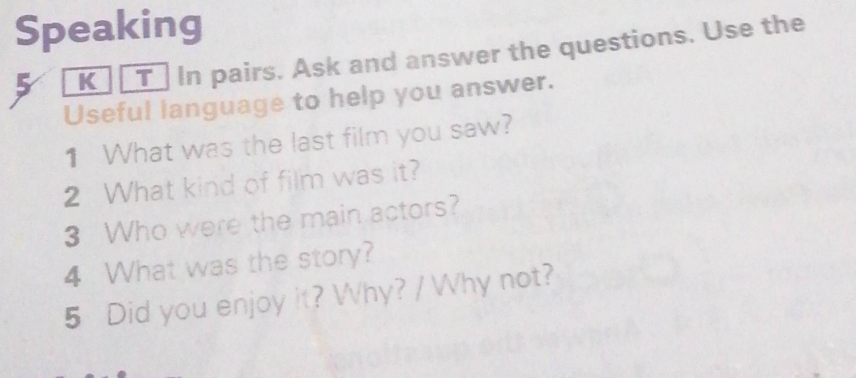 Speaking 
5 K T In pairs. Ask and answer the questions. Use the 
Useful language to help you answer. 
1 What was the last film you saw? 
2 What kind of film was it? 
3 Who were the main actors? 
4 What was the story? 
5 Did you enjoy it? Why? / Why not?