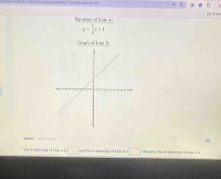 Equation of Line
y= 1/4 x+1
Graph of Line B : 
Anyww_ 
The # iniswept of Ums A b and the 3 -intercept of Line B is Therefore the aintercept of Line A is