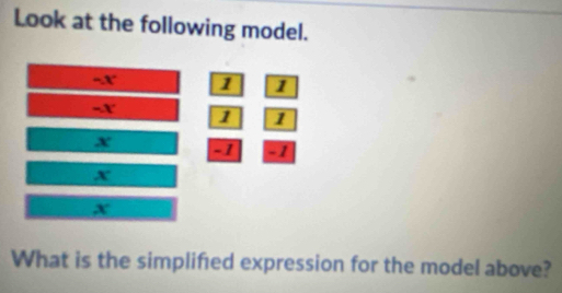 Look at the following model.
-x 1 1
-x 1 1
x -1 -1
x
X
What is the simplifed expression for the model above?