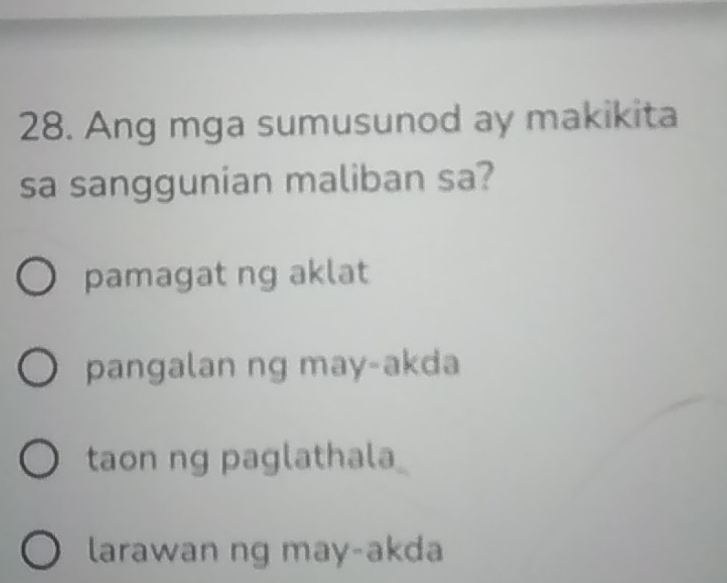 Ang mga sumusunod ay makikita
sa sanggunian maliban sa?
pamagat ng aklat
pangalan ng may-akda
taon ng paglathala
larawan ng may-akda