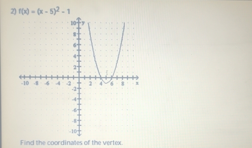 f(x)=(x-5)^2-1
Find the coordinates of the vertex.