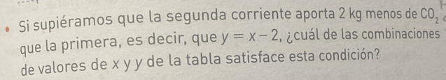 Si supiéramos que la segunda corriente aporta 2 kg menos de CO_2
que la primera, es decir, que y=x-2 r ¿cuál de las combinaciones 
de valores de x y y de la tabla satisface esta condición?