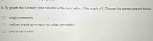 To graph the function, first determine the symmetry of the graph of f. Choose the correct answer below.
origin symmetry
neither y-axis symmetry nor origin symmetry
y-axis symmetry