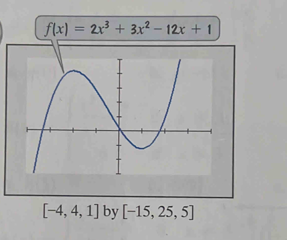 f(x)=2x^3+3x^2-12x+1
[-4,4,1] by [-15,25,5]