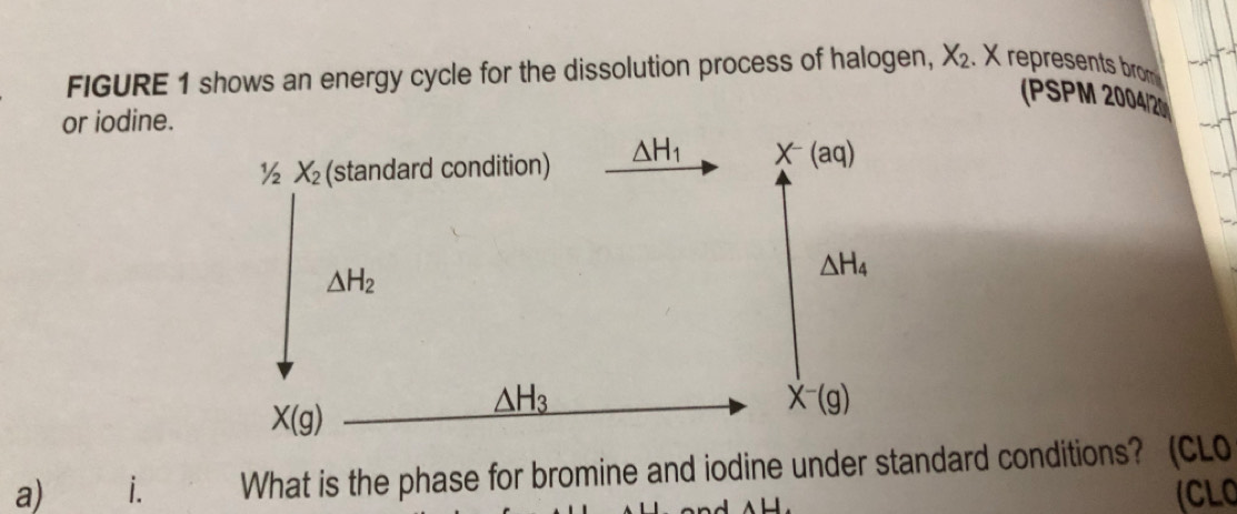 FIGURE 1 shows an energy cycle for the dissolution process of halogen, X_2. X represents brom
(PSPM 2004/2
or iodine.
a)  i. What is the phase for bromine and iodine under standard conditions? (CLO
_ 
(CLO