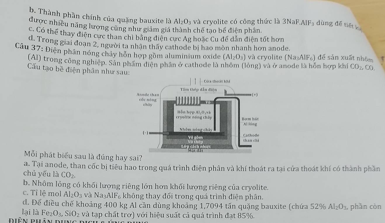 b. Thành phần chính của quặng bauxite là Al_2O_3 và cryolite có công thức là 3NaF.AlF_3 dùng để tiết kê
được nhiều năng lượng cũng như giảm giá thành chế tạo bể điện phân.
c. Có thể thay điện cực than chì bằng điện cực Ag hoặc Cu để dẫn điện tốt hơn
d. Trong giai đoạn 2, người ta nhận thấy cathode bị hao mòn nhanh hơn anode.
* Câu 37: Điện phân nóng chảy hỗn hợp gồm aluminium oxide (Al_2O_3) và cryolite (Na_3AlF_6) để sản xuất nhôm τ
(Al) trong công nghiệp. Sản phẩm điện phân ở cathode là nhôm (lỏng) và ở anode là hỗn hợp khí CO_2, CO.
Cấu tạo bề điện phân như sau:
Mỗi phát biểu sau là đúng hay sai?
a. Tại anode, than cốc bị tiêu hao trong quá trình điện phân và khí thoát ra tại cửa thoát khí có thành phần
chủ yếu là CO_2.
b. Nhôm lỏng có khối lượng riêng lớn hơn khối lượng riêng của cryolite.
c. Tỉ lệ mol Al_2O_3 và Na_3 AlF không thay đổi trong quá trình điện phân.
d. Để điều chế khoảng 400 kg Al cần dùng khoảng 1,7094 tấn quặng bauxite (chứa 52% Al_2O_3 , phần còn
lại là Fe_2O_3, SiO_2 và tạp chất trơ) với hiệu suất cả quá trình đạt 85%.
Điên phân Dung