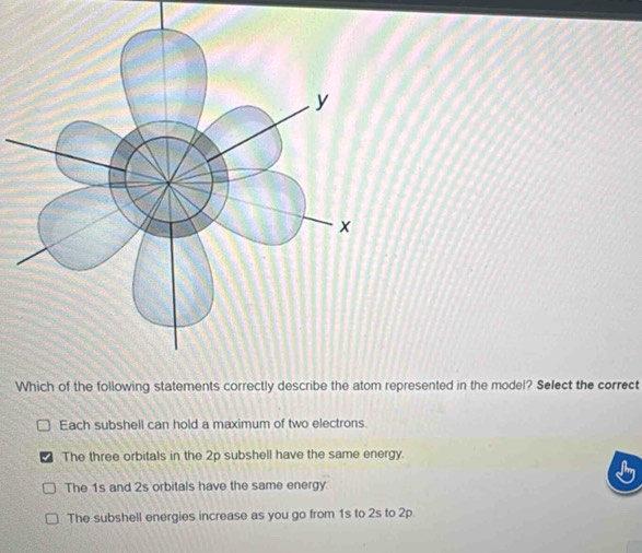 Wresented in the model? Select the correct
Each subshell can hold a maximum of two electrons.
The three orbitals in the 2p subshell have the same energy.
The 1s and 2s orbitals have the same energy
The subshell energies increase as you go from 1s to 2s to 2p