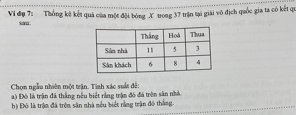 Ví dụ 7: Thống kê kết quả của một đội bóng X trong 37 trận tại giải vô địch quốc gia ta có kết qi 
sau: 
Chọn ngẫu nhiên một trận. Tính xác suất đề: 
a) Đó là trận đá thắng nếu biết rằng trận đó đá trên sân nhà. 
b) Đó là trận đá trên sân nhà nếu biết rằng trận đó thắng.