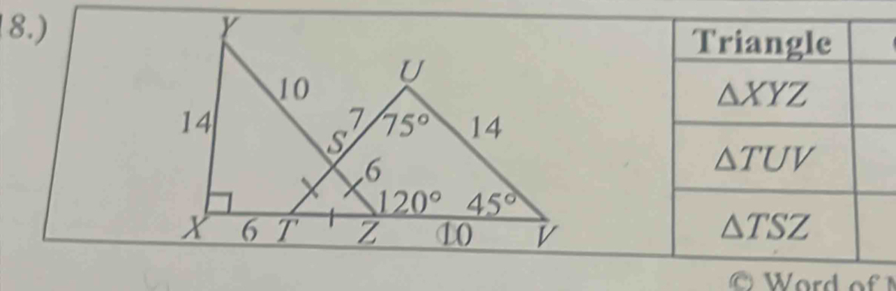 8.) 
Triangle
△ XYZ
△ TUV
△ TSZ
a