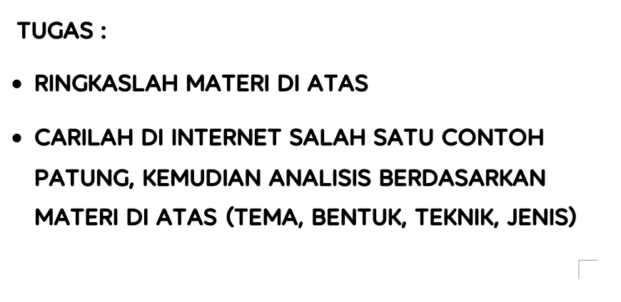 TUGAS : 
RINGKASLAH MATERI DI ATAS 
CARILAH DI INTERNET SALAH SATU CONTOH 
PATUNG, KEMUDIAN ANALISIS BERDASARKAN 
MATERI DI ATAS (TEMA, BENTUK, TEKNIK, JENIS)