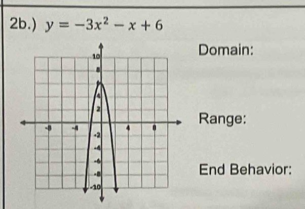 ) y=-3x^2-x+6
Domain: 
Range: 
End Behavior: