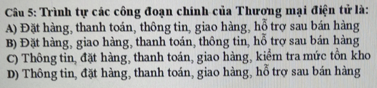 Trình tự các công đoạn chính của Thương mại điện tử là:
A) Đặt hàng, thanh toán, thông tin, giao hàng, hỗ trợ sau bán hàng
B) Đặt hàng, giao hàng, thanh toán, thông tin, hỗ trợ sau bán hàng
C) Thông tin, đặt hàng, thanh toán, giao hàng, kiểm tra mức tồn kho
D) Thông tin, đặt hàng, thanh toán, giao hàng, hỗ trợ sau bán hàng