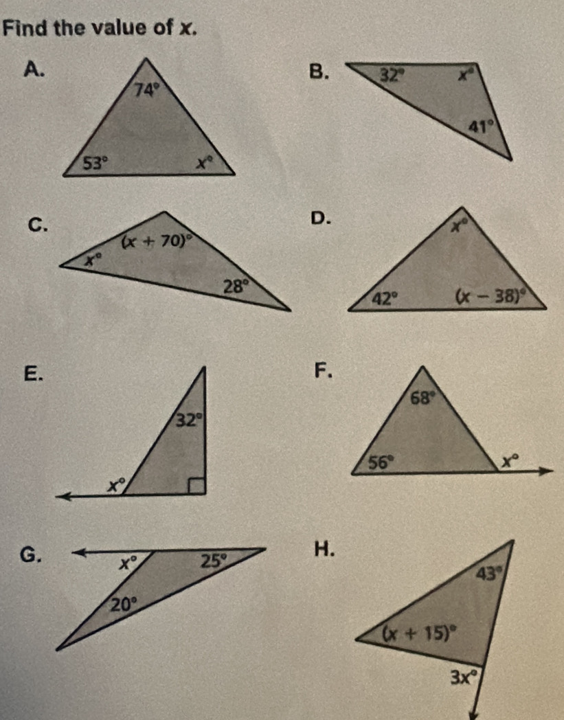 Find the value of x.
A.
B.
C.
D.
E.
F.
G.
H.