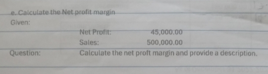 Calculate the Net profit margin 
Given: 
Net Profit: 45,000.00
Sales: 500,000.00
Question: Calculate the net proft margin and provide a description.