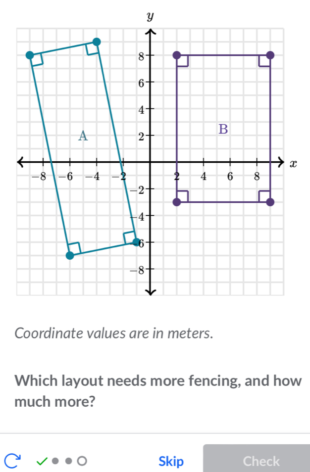 Coordinate values are in meters. 
Which layout needs more fencing, and how 
much more? 
Skip Check