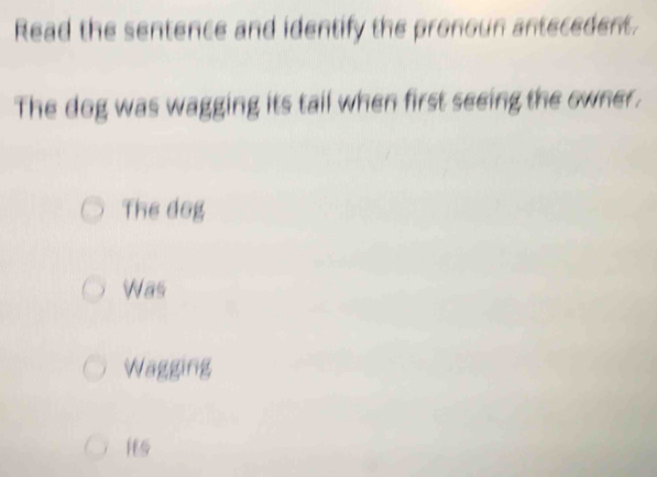 Read the sentence and identify the pronoun antecedent.
The dog was wagging its tail when first seeing the owner.
The dog
Was
Wagging