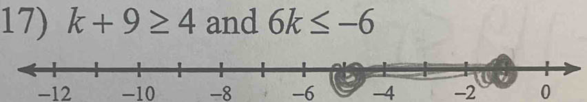 k+9≥ 4 and 6k≤ -6
-12 -10 -8 -6 -4 -2 0