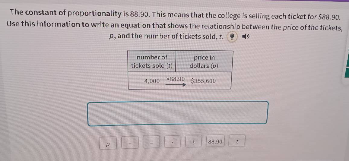 The constant of proportionality is 88.90. This means that the college is selling each ticket for $88.90.
Use this information to write an equation that shows the relationship between the price of the tickets,
p, and the number of tickets sold, t.
+ 88.90 t