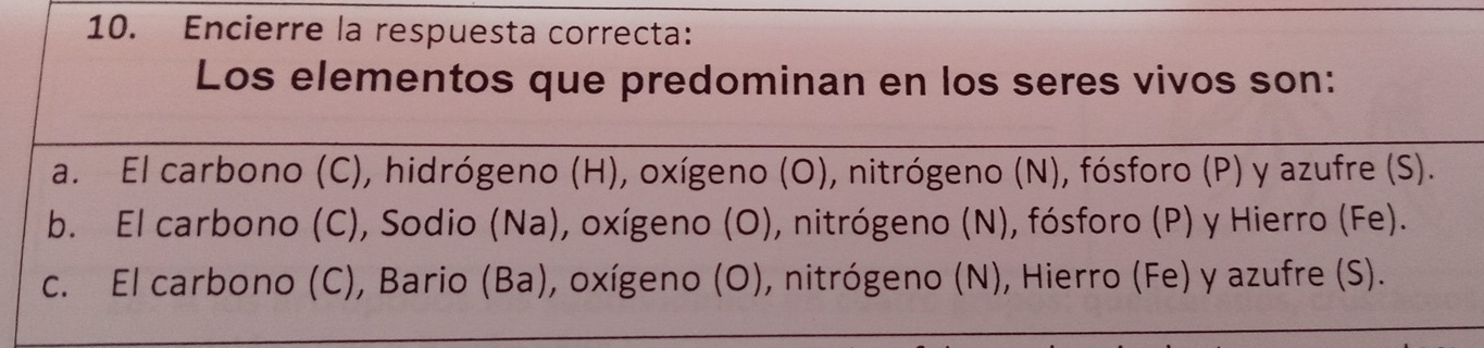 Encierre la respuesta correcta:
Los elementos que predominan en los seres vivos son:
a. El carbono (C), hidrógeno (H), oxígeno (O), nitrógeno (N), fósforo (P) y azufre (S).
b. El carbono (C), Sodio (Na), oxígeno (O), nitrógeno (N), fósforo (P) y Hierro (Fe).
c. El carbono (C), Bario (Ba), oxígeno (O), nitrógeno (N), Hierro (Fe) y azufre (S).