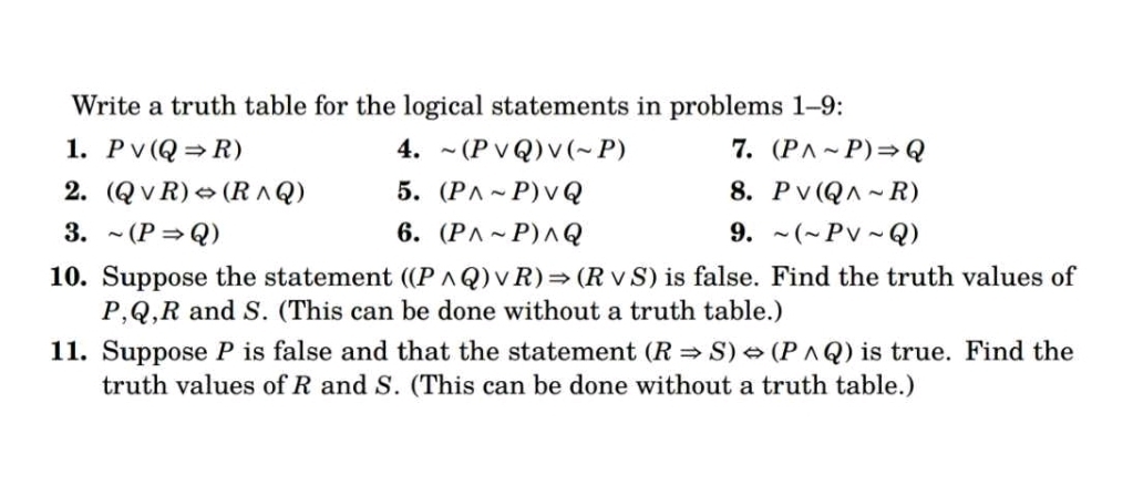 Write a truth table for the logical statements in problems 1-9: 
1. Pvee (QRightarrow R) 4. sim (Pvee Q)vee (sim P) 7. (Pwedge sim P)Rightarrow Q
2. (Qvee R)Leftrightarrow (Rwedge Q) 5. (Pwedge sim P)vee Q 8. Pvee (Qwedge sim R)
3. sim (PRightarrow Q) 6. (Pwedge sim P)wedge Q 9. sim (sim Pvee sim Q)
10. Suppose the statement ((Pwedge Q)vee R)Rightarrow (Rvee S) is false. Find the truth values of
P, Q, R and S. (This can be done without a truth table.) 
11. Suppose P is false and that the statement (RRightarrow S)Leftrightarrow (Pwedge Q) is true. Find the 
truth values of R and S. (This can be done without a truth table.)